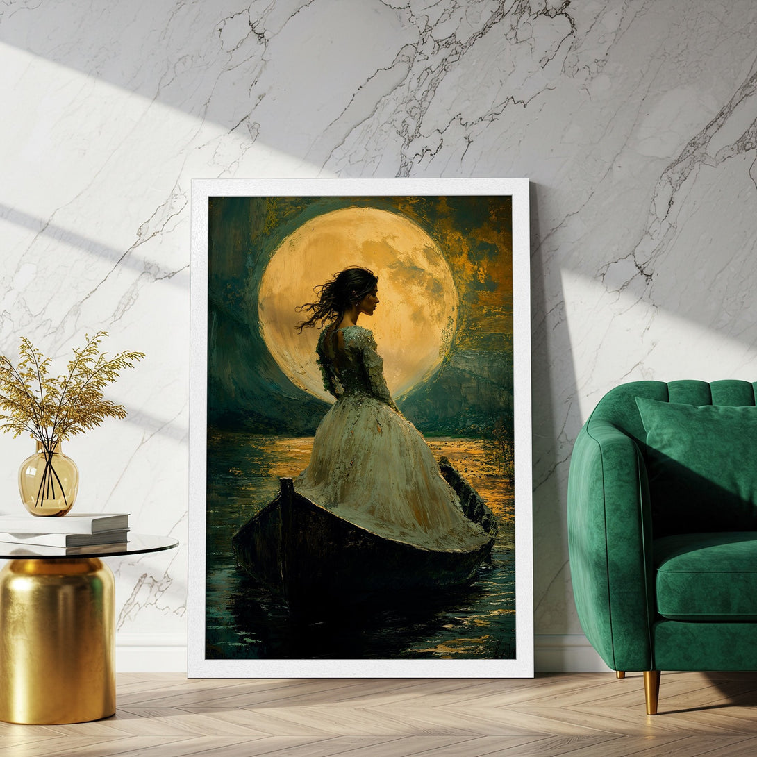 Framed Poster featuring a woman on a boat with a moon in the background, in a romantic, painterly style with a warm color palette.