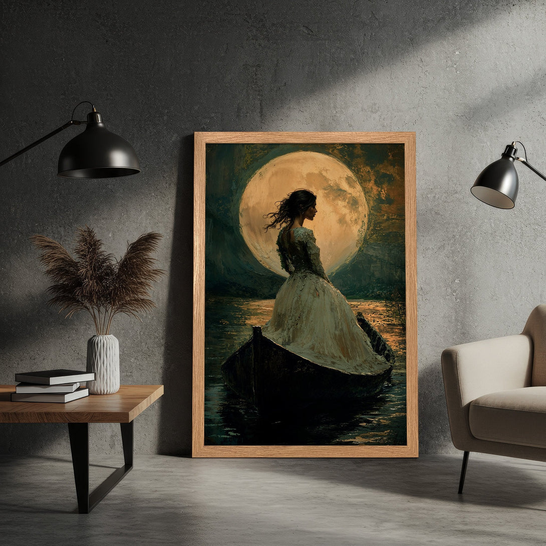 Framed Poster featuring a woman on a boat against a moonlit backdrop. Romantic art style with a warm, earthy color palette.