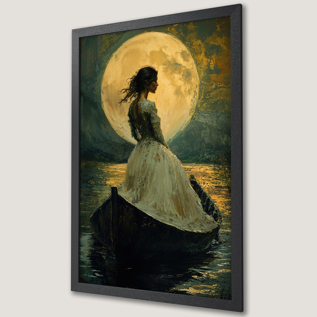 Framed Poster: Woman in boat under moon, impressionist art. Golden, green, and dark tones. Perfect wall decor.