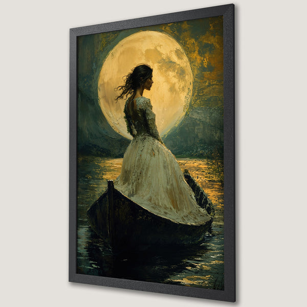 Framed Poster: Woman in boat under moon, impressionist art. Golden, green, and dark tones. Perfect wall decor.
