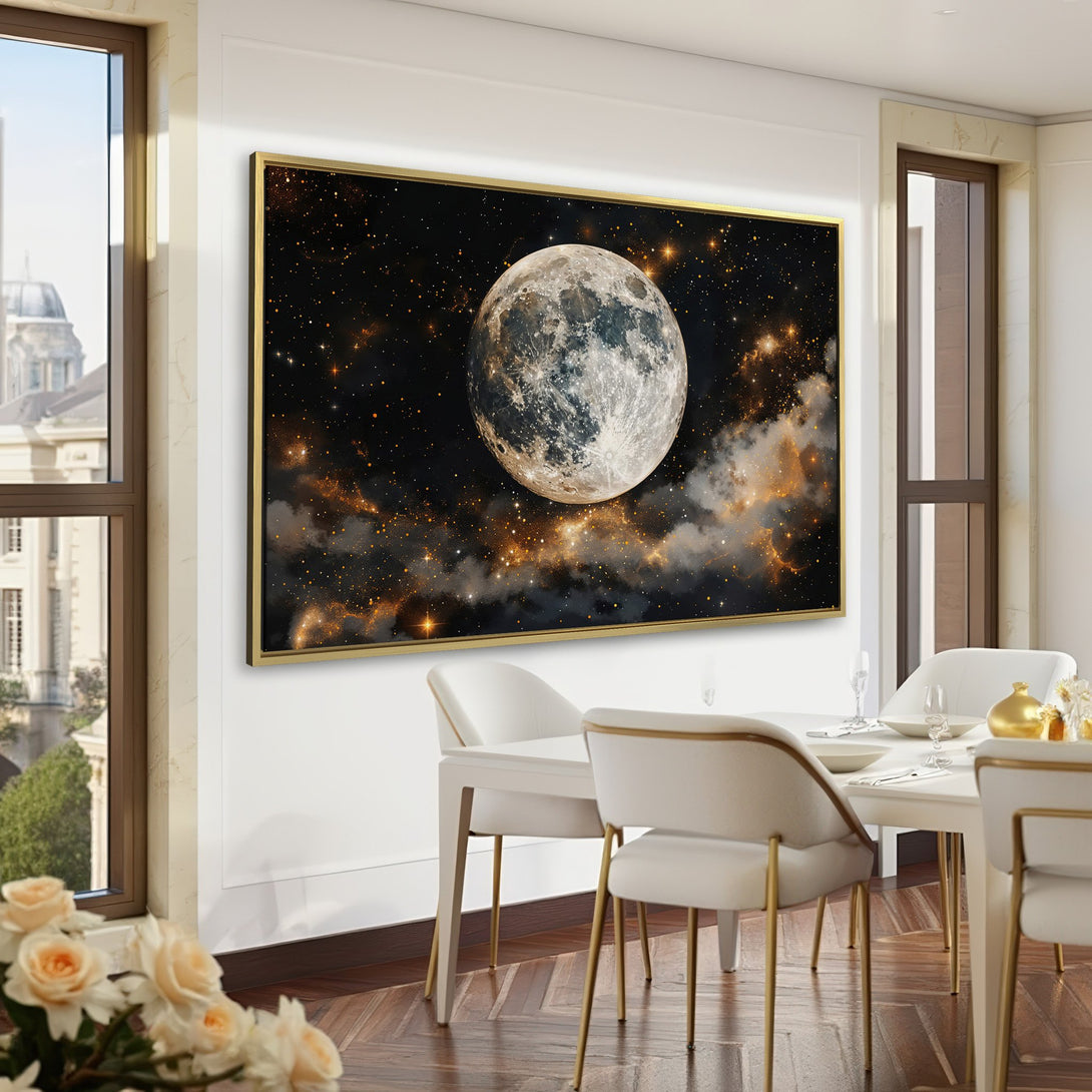 Canvas Print of a moon and starry sky, displayed in a dark green room. Celestial art with a black, gold, and white color palette.
