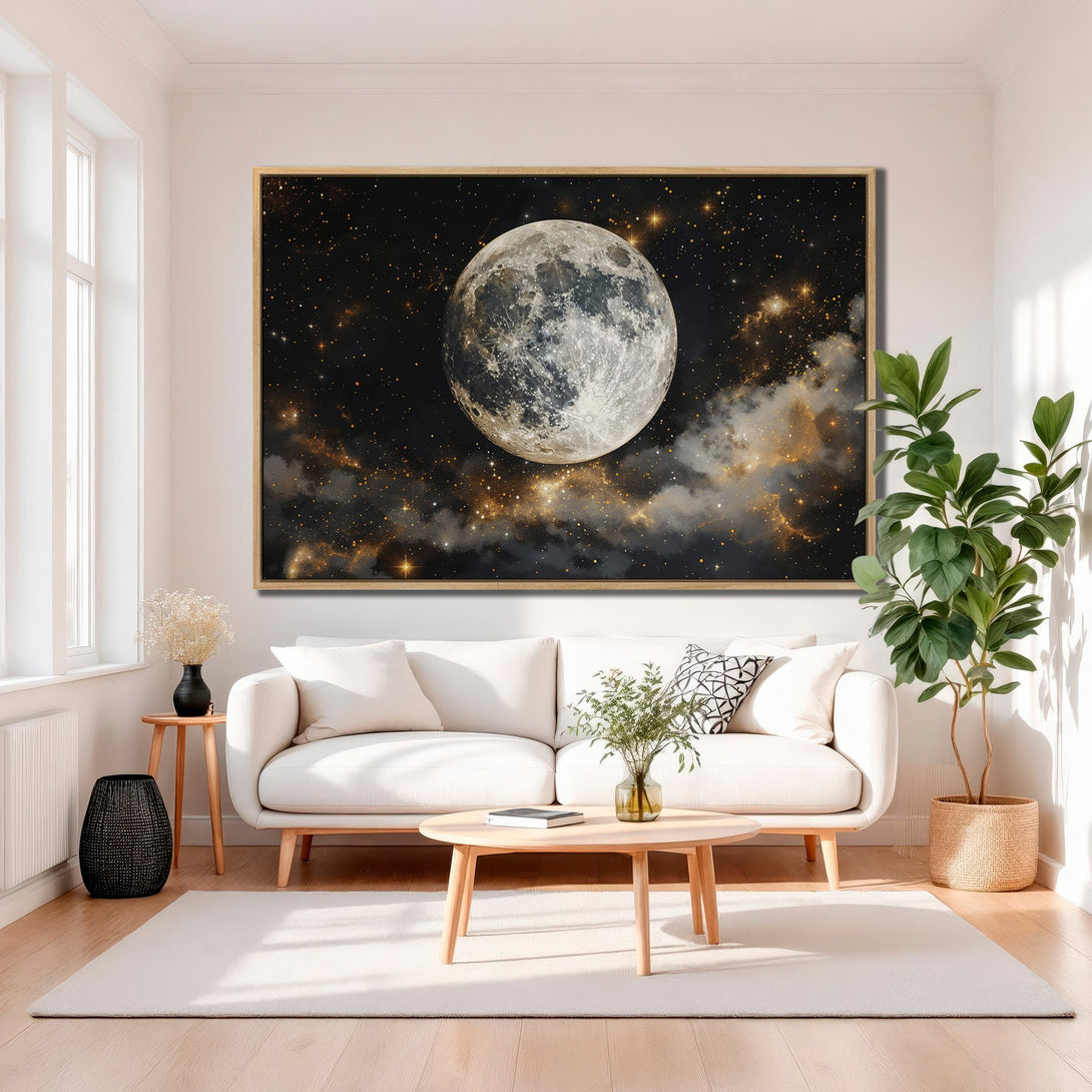 Framed Wall Art featuring a stunning moon and starry night sky. Celestial artwork in black, gold, and gray tones, perfect for modern home decor.