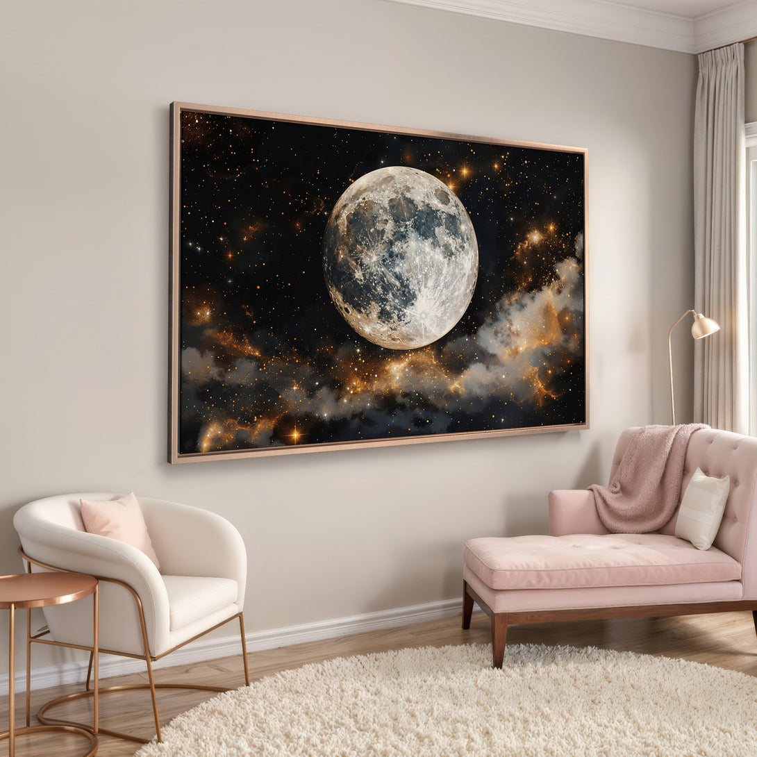 Framed Wall Art: Stunning moon and stars canvas print in a modern interior. Black, gold, and white color palette. Perfect for celestial decor.