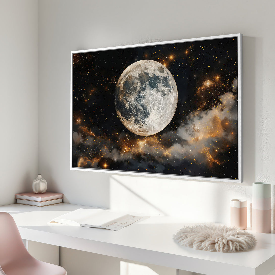 Framed Wall Art featuring a stunning moon and starry night sky. Celestial art in black, gold, and white color palette, perfect for any space.