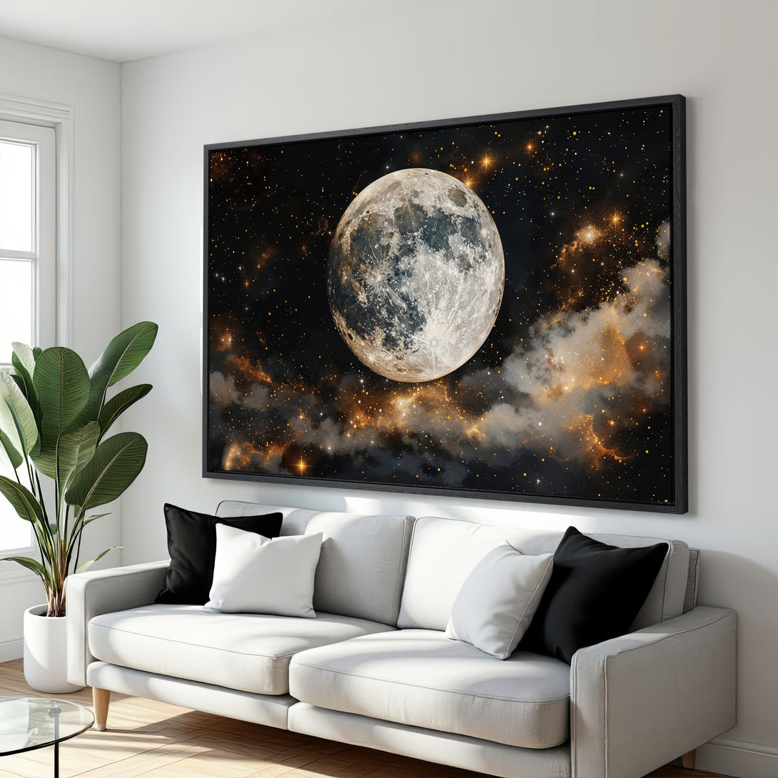 Framed Wall Art featuring a stunning moon and starry night sky. Modern art with a black, gold, and white color palette, perfect for home decor.