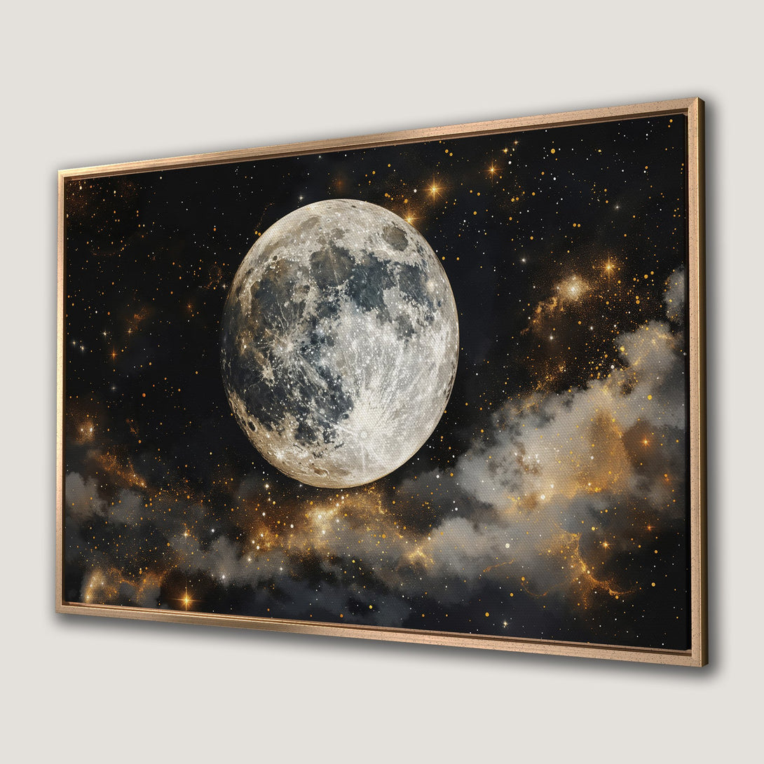 Framed Wall Art: Majestic moon canvas print with a celestial theme, featuring a dark, starry sky and a warm gold and black color palette.