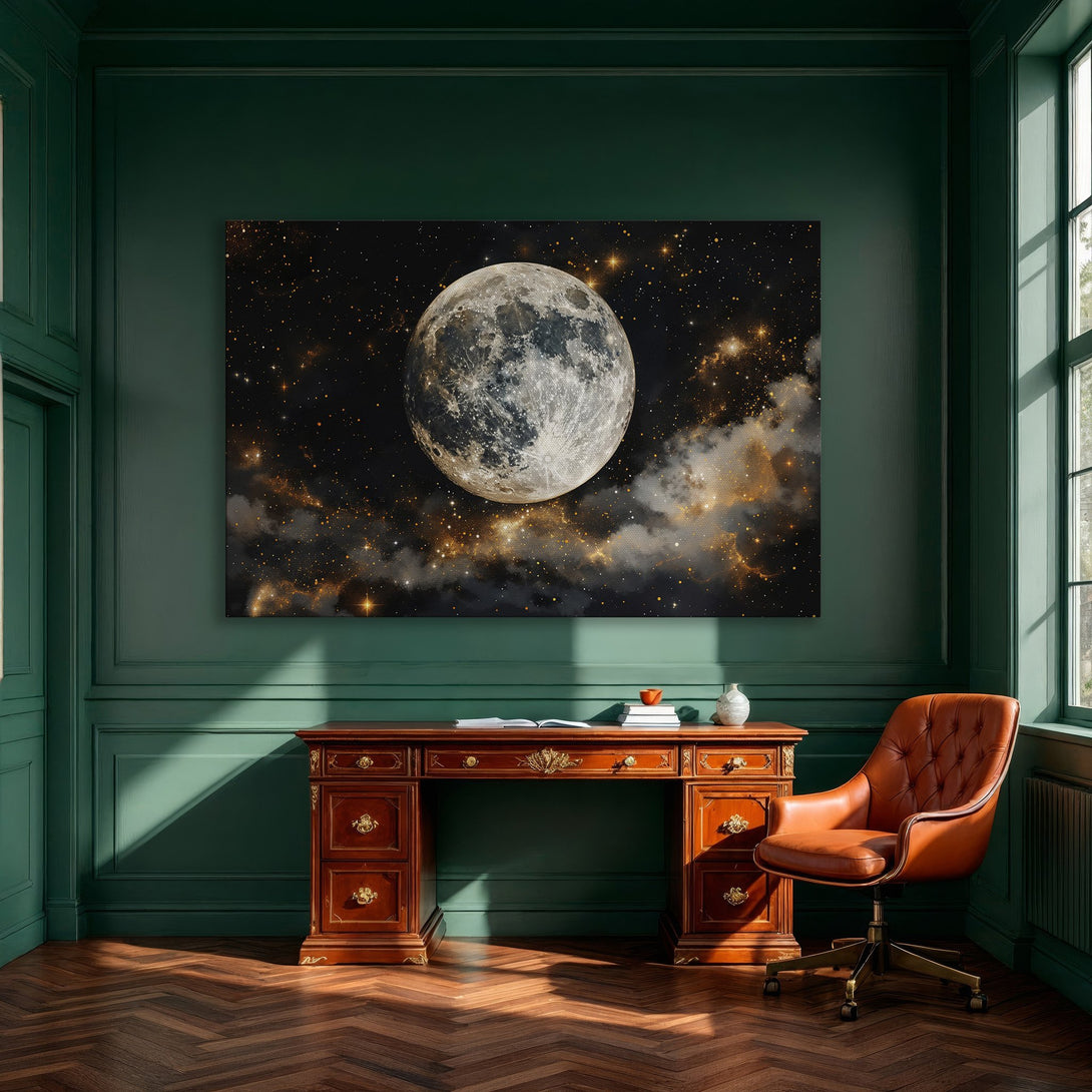 Framed Wall Art featuring a stunning moon and starry night scene. Dramatic black, gold, and white color palette. Perfect for adding celestial style to your home.