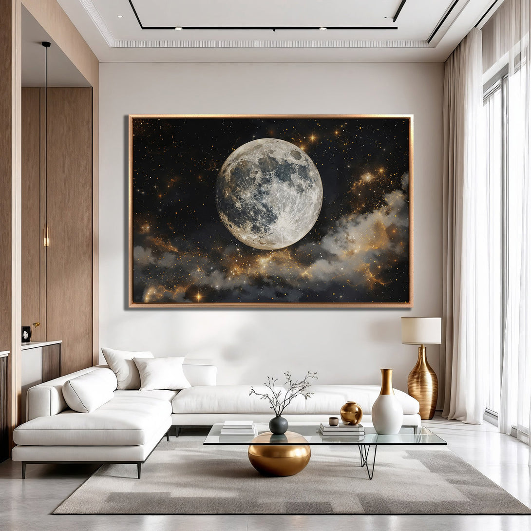 Framed Wall Art featuring a stunning moon and starry night sky. Modern style with a black, gold, and neutral color palette. Elevate your space!