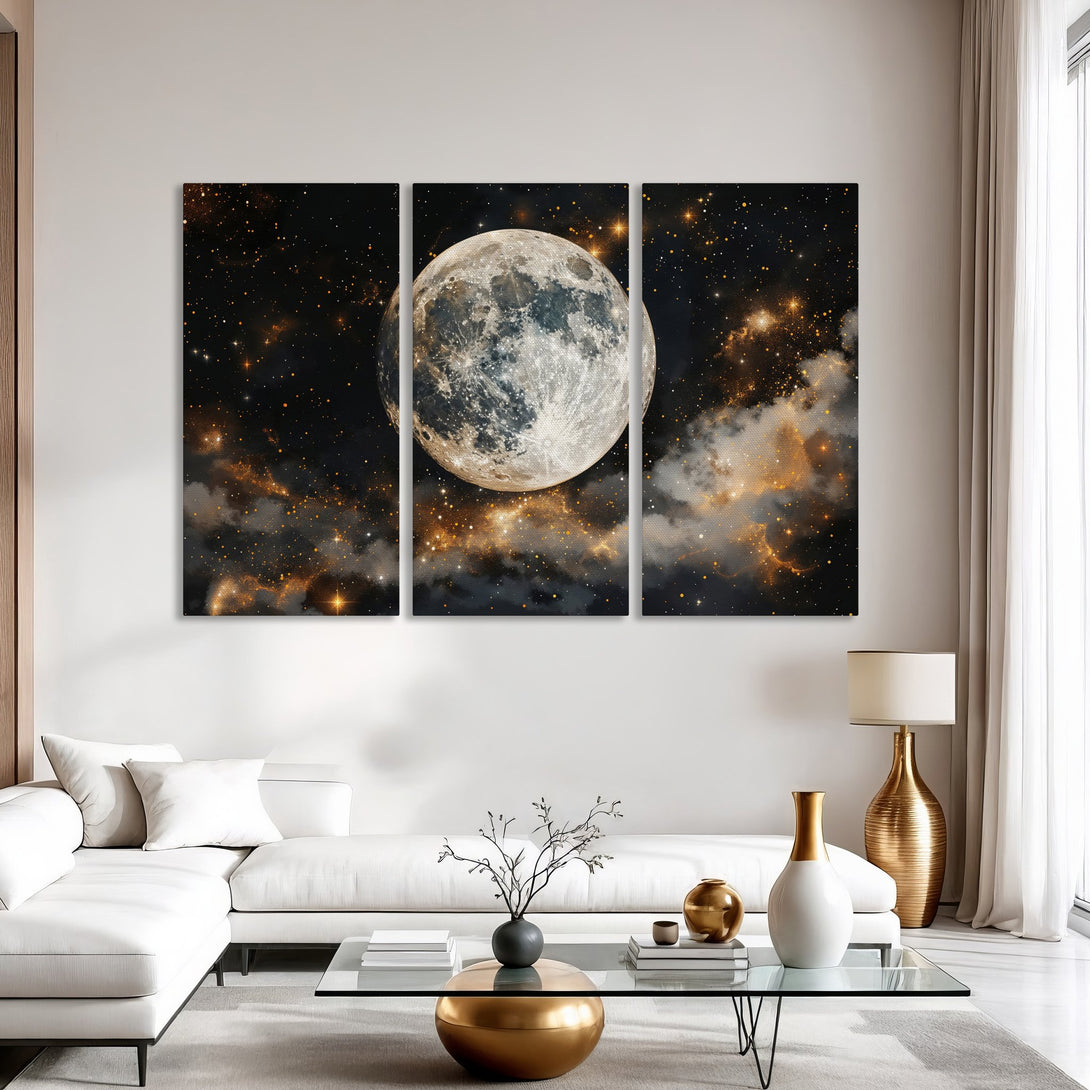 Canvas Print of a moon and stars in a dark, dreamy style. Features a celestial scene with gold and black color palette, perfect for modern home decor.