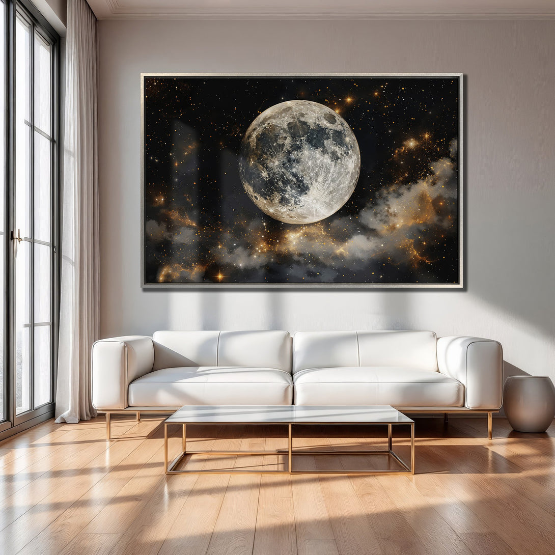 Framed Wall Art: Stunning moon and stars canvas print. Modern interior with black, gold, and gray color palette. Elevate your space with celestial art!