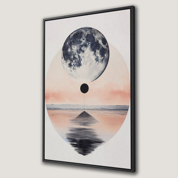 Framed Wall Art: Abstract moon and landscape art in a minimalist style with a muted pink and blue color palette. Perfect for modern decor.