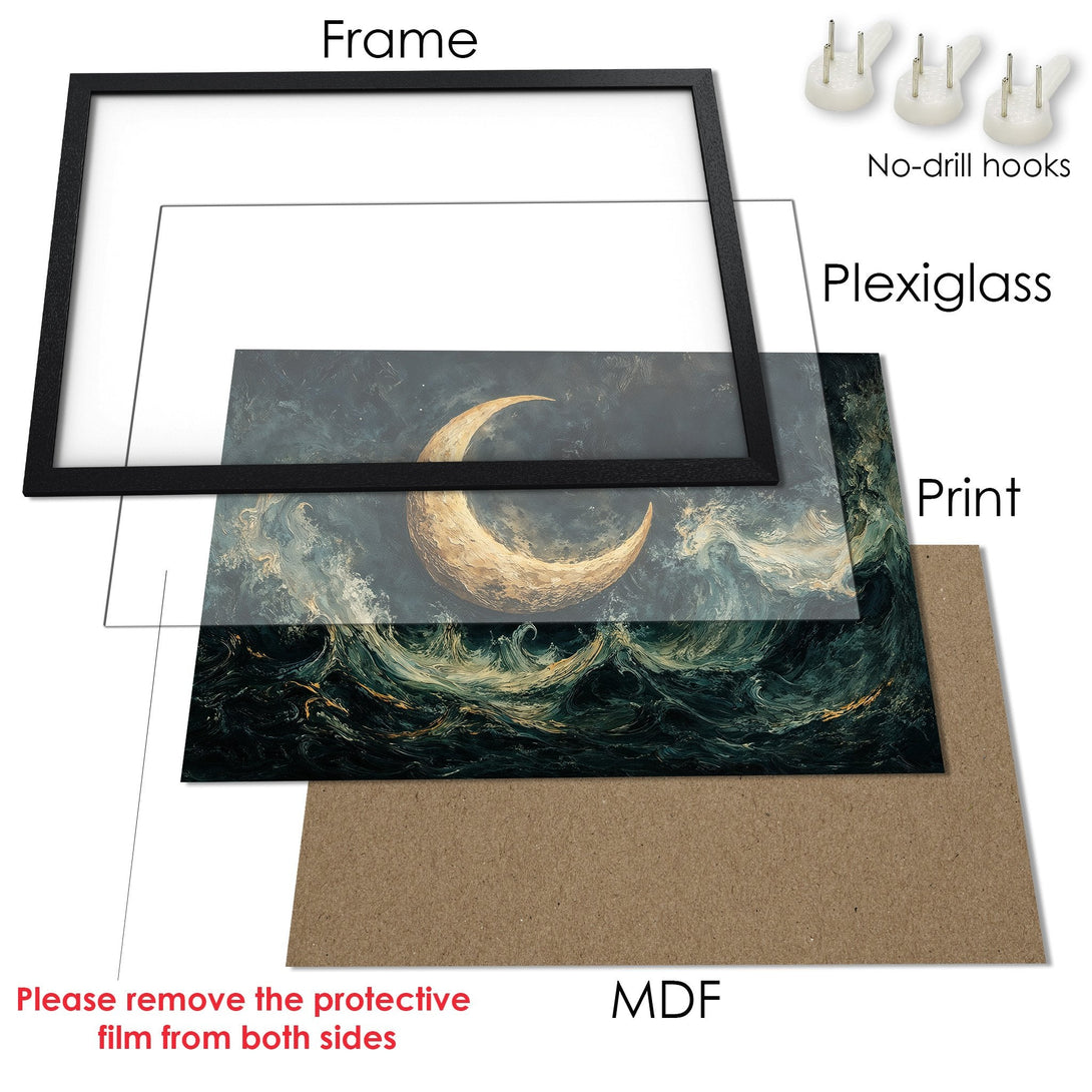 Framed Poster featuring a celestial moon over ocean waves, in a moody, artistic style with a teal and gold color palette.