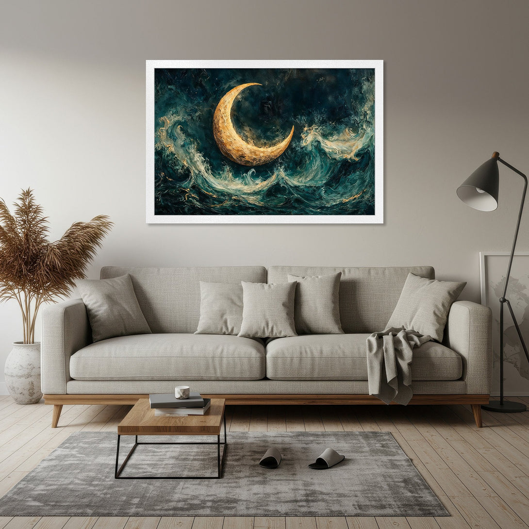 Framed Poster featuring a golden moon over ocean waves, artistic style, teal and gold color palette. Perfect wall art!