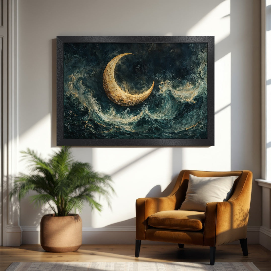 Framed Poster featuring a golden crescent moon over churning waves, in a dark teal and gold color palette. Perfect wall art!