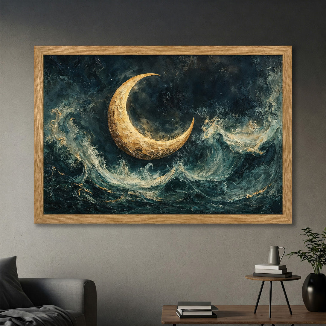 Framed Poster featuring a golden moon over stormy seas, in a dark teal and gold color palette, perfect wall art.