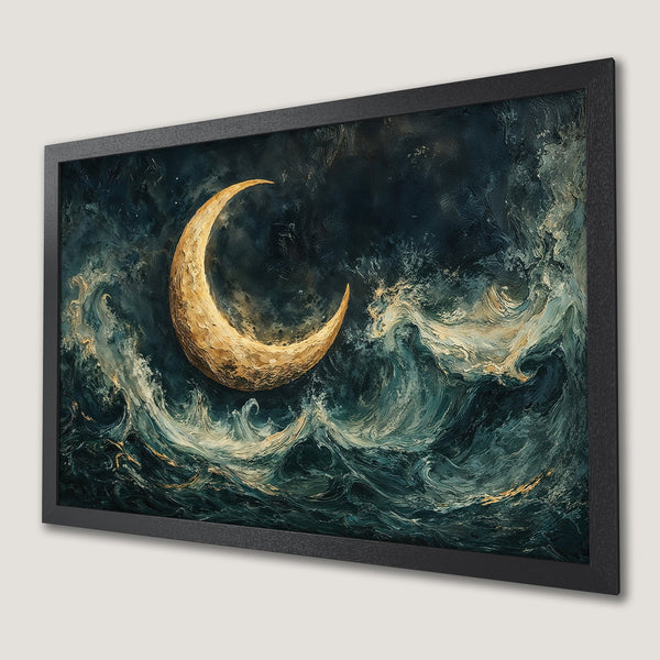 Framed Poster featuring a crescent moon over ocean waves, in a dark blue and gold palette, artistic style.