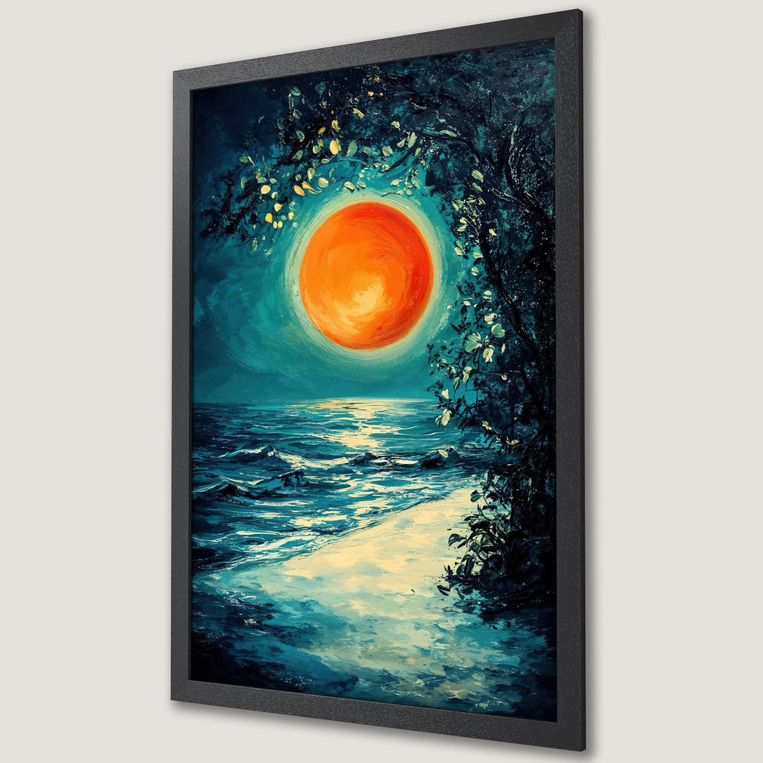 Framed Poster featuring a vibrant sunset over the ocean. Impressionistic style with a teal and orange color palette. Perfect wall art for your home!