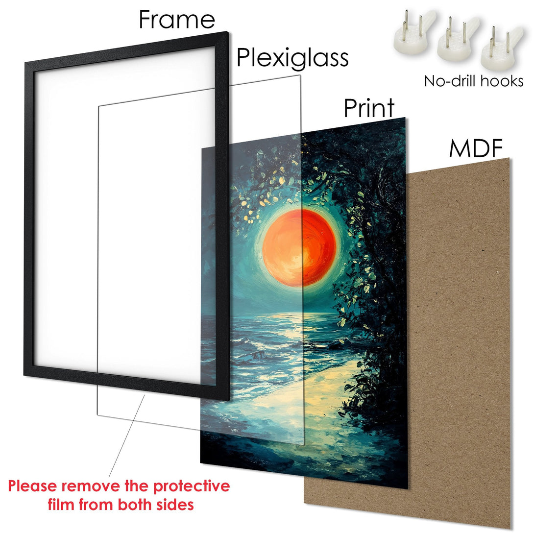 Framed Poster featuring a sunset over the ocean, in an impressionistic style with blue, orange, and teal tones. Ready to hang!