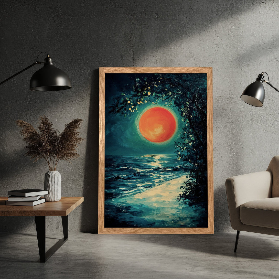 Framed Poster of a sunset over the ocean, painted in an impressionistic style with a teal and orange color palette. Add art to your space!