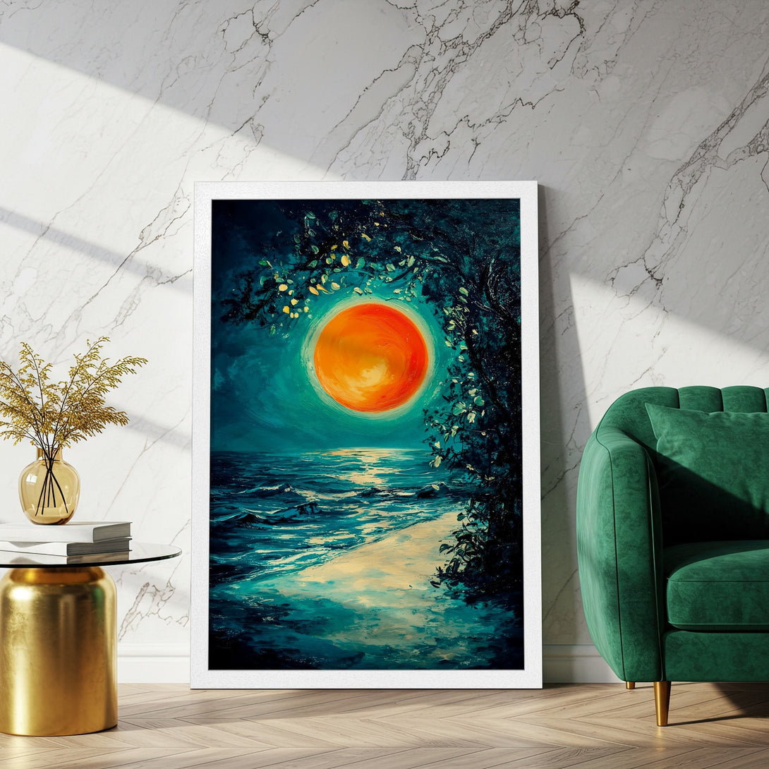 Framed Poster featuring an ocean sunset painting in teal, orange, and gold tones. Modern art print for home decor.