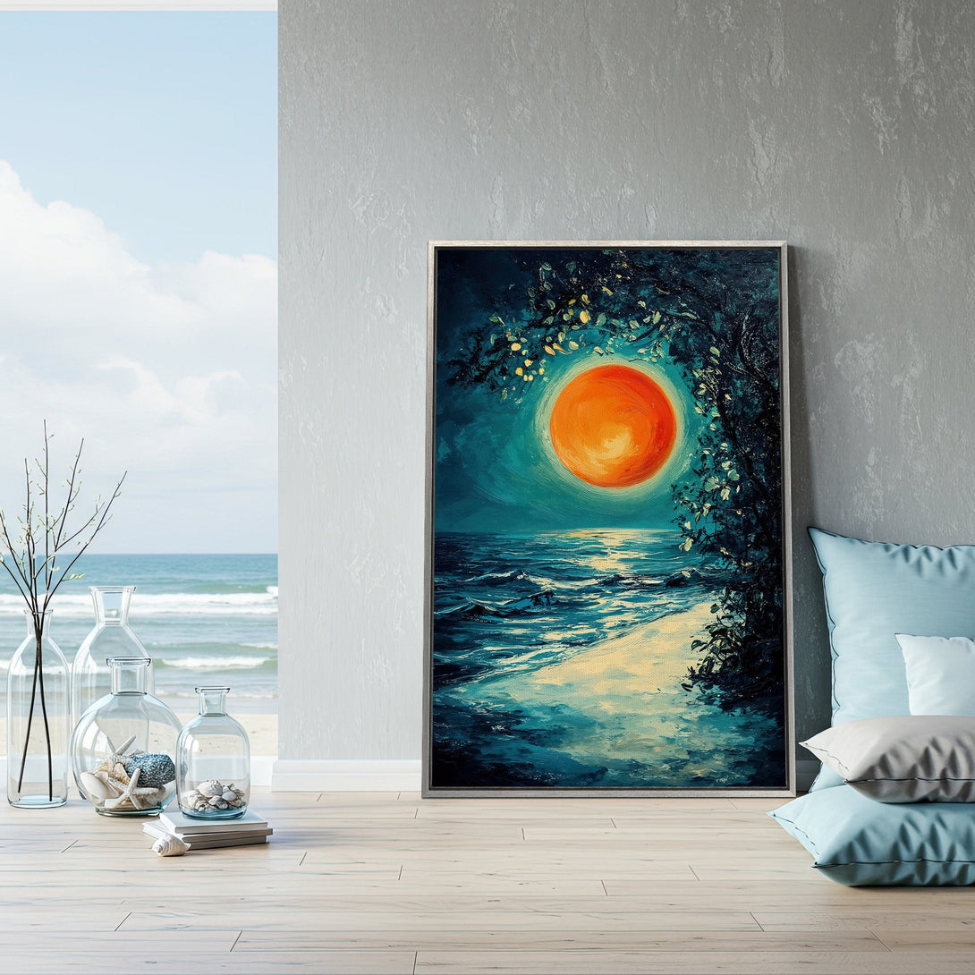 Framed Wall Art: Coastal sunset scene in teal and orange. Stunning canvas print adds a touch of serenity and style to any space. Shop now!