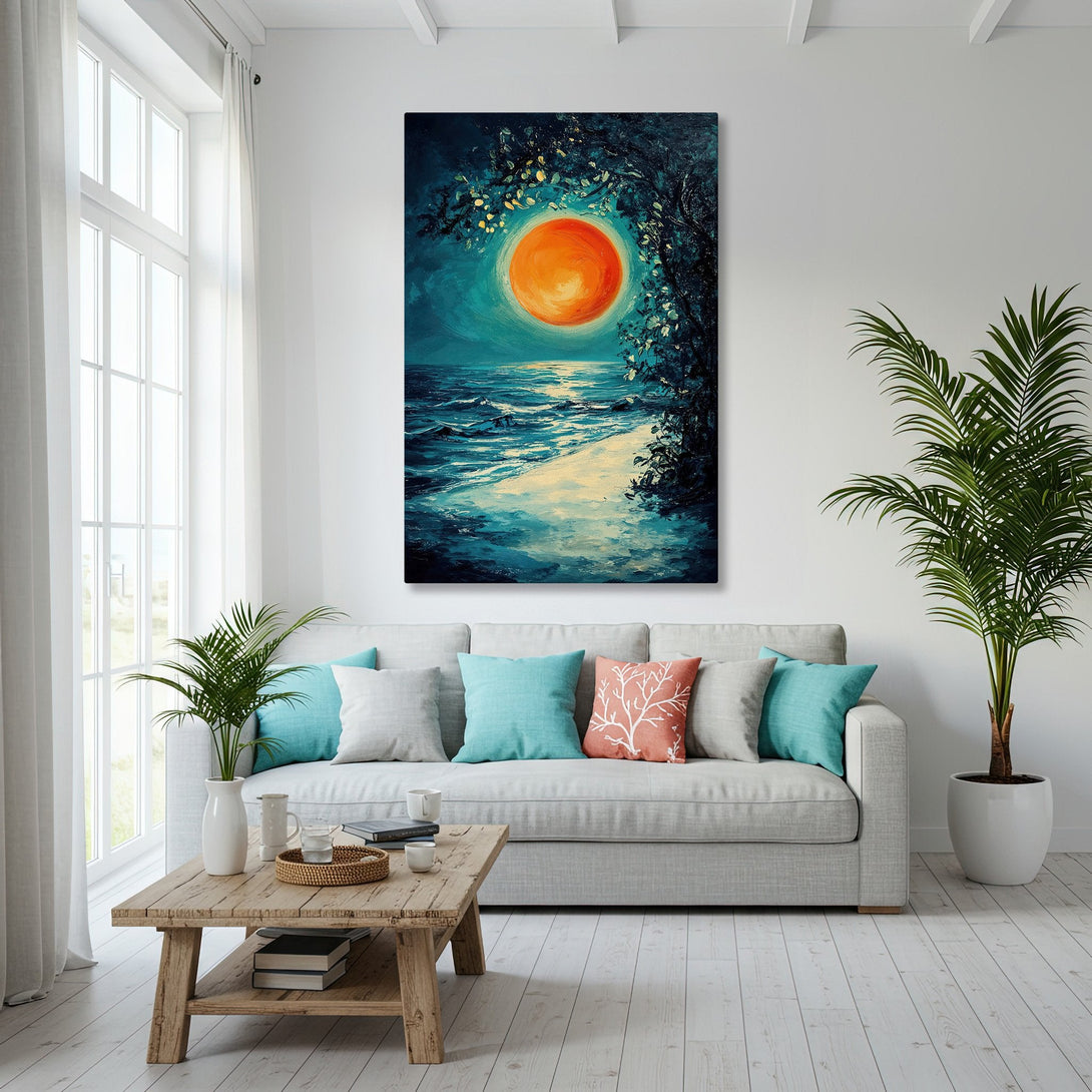 Framed Wall Art featuring a vibrant sunset over the ocean. Coastal-inspired Canvas Print with a blue and orange color palette, perfect for any living room.