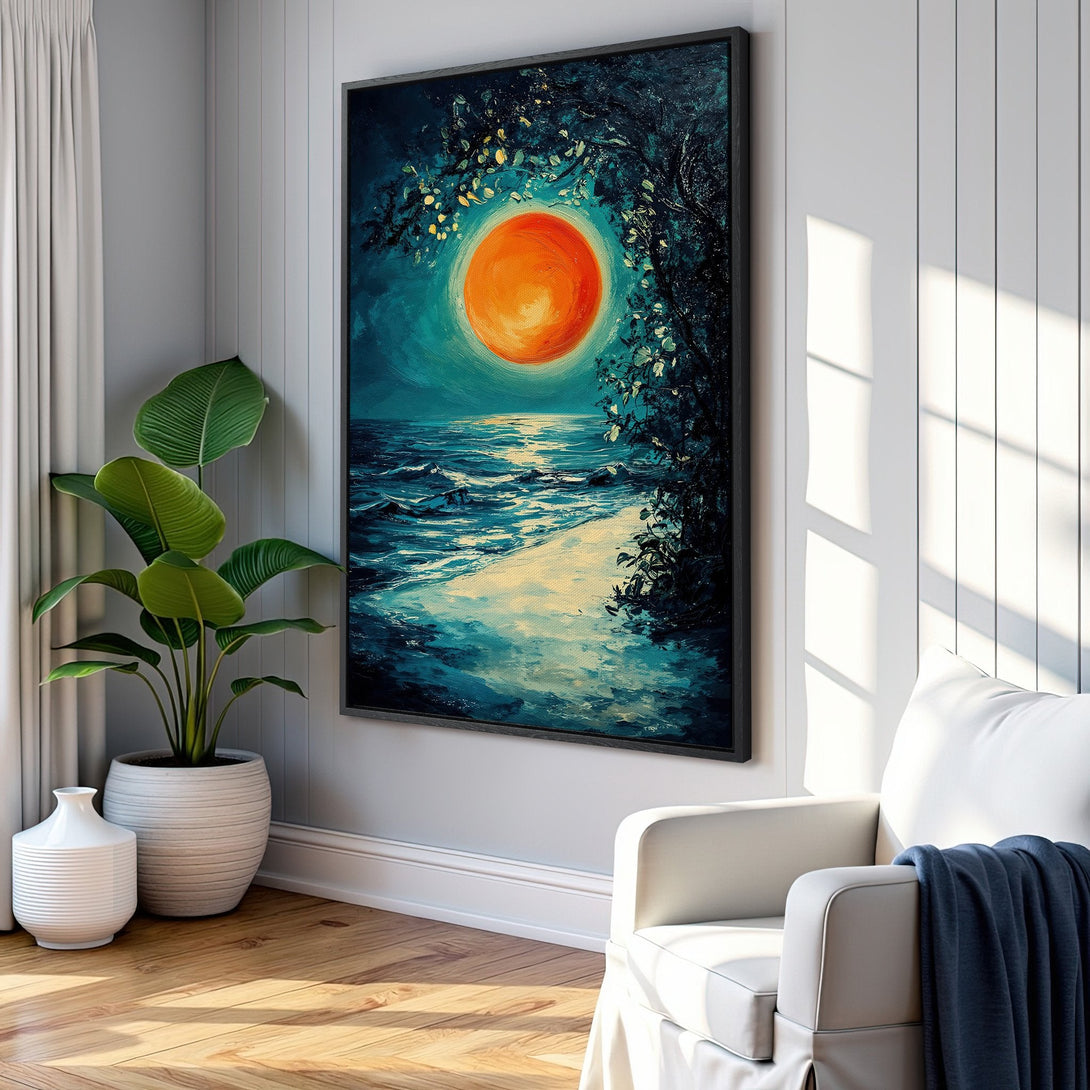 Framed Wall Art featuring a vibrant seascape with a large orange sun, painted in an expressive style with a teal and gold color palette, displayed in a modern interior.