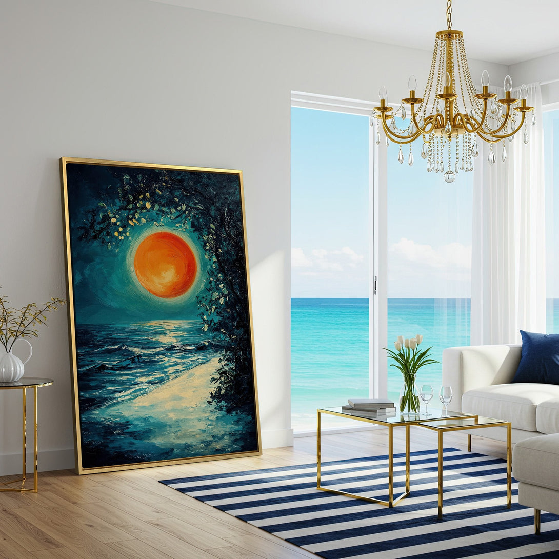 Canvas Print of an ocean sunset painting, featuring a vibrant orange sun and cool blue tones, perfect for modern home decor.