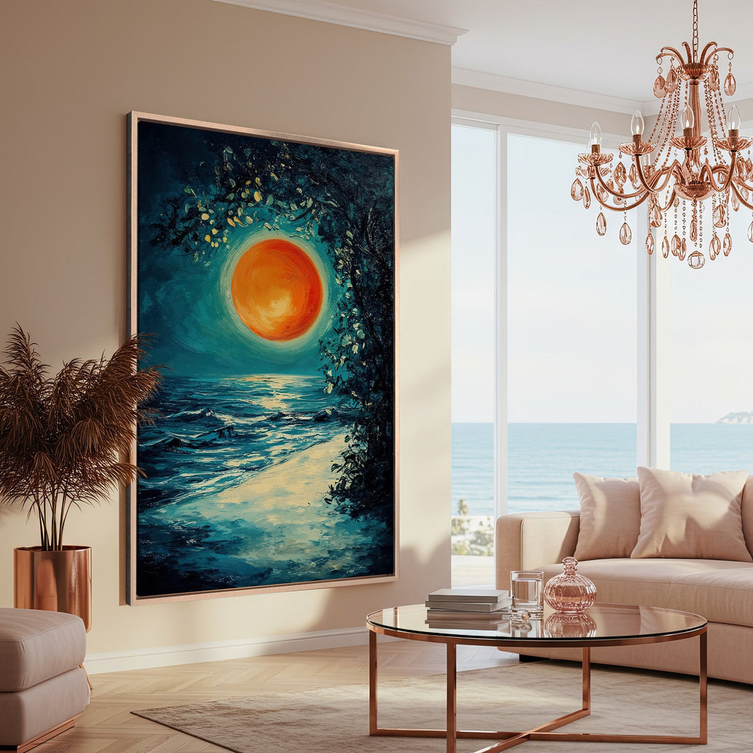 Framed Wall Art: Coastal sunset painting in blue and orange tones. Modern art canvas print adds a touch of elegance to any interior.