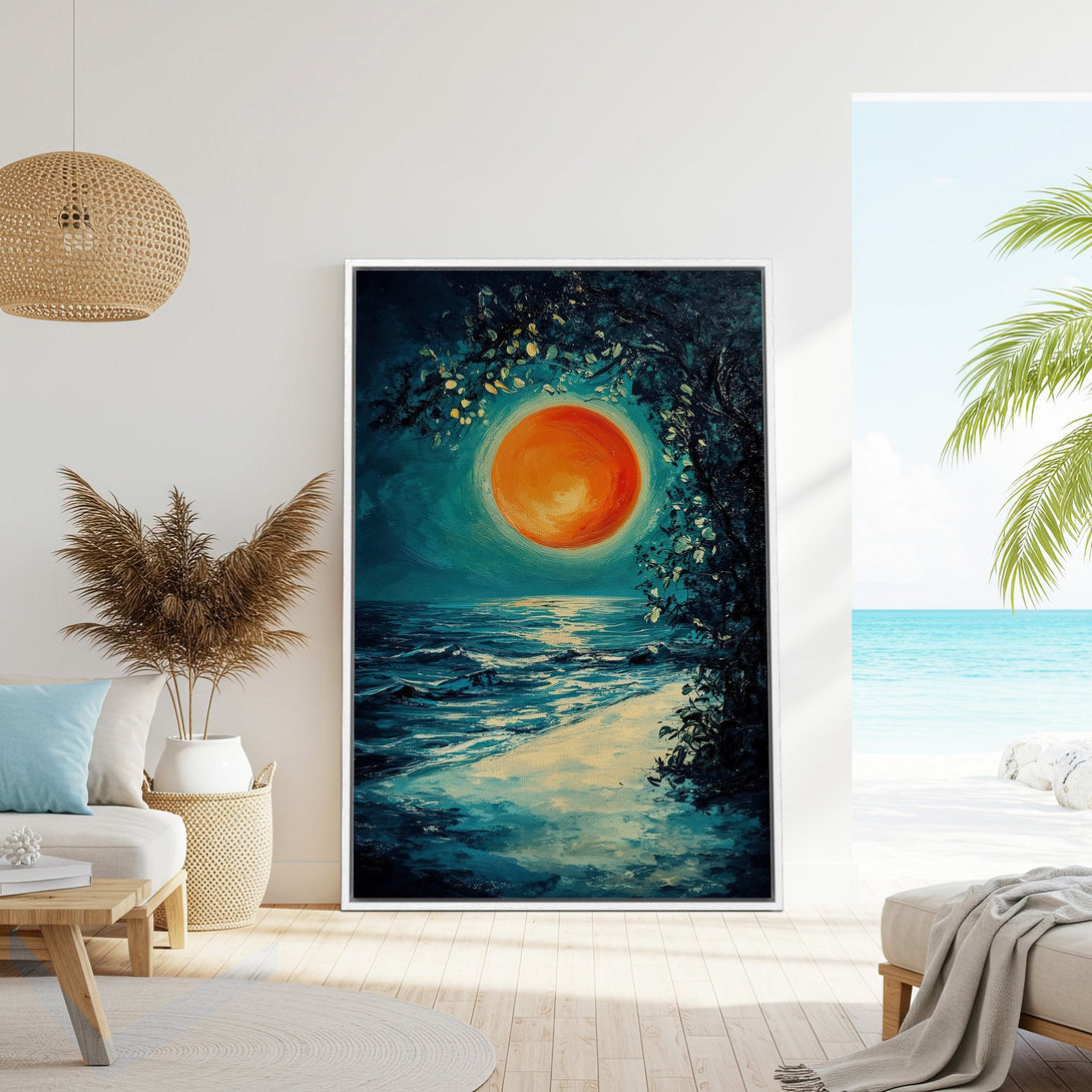 Framed Wall Art: Sunset beach scene in teal, orange, and white. Coastal art print perfect for modern home decor. Bring the beach to your living room!