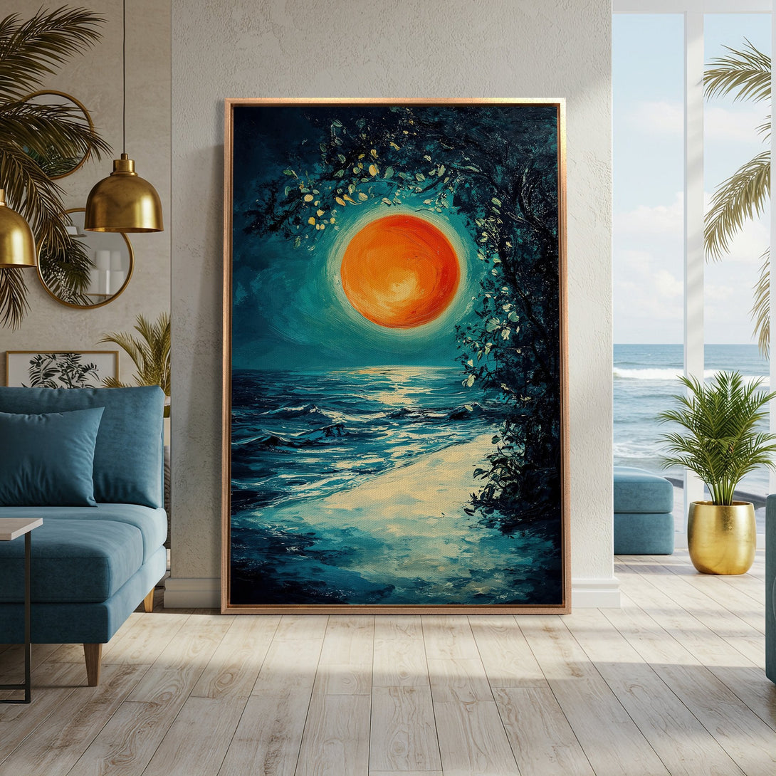 Framed Wall Art: Coastal sunset scene in teal and orange, displayed in a modern interior. Enhance your space with this vibrant canvas print.