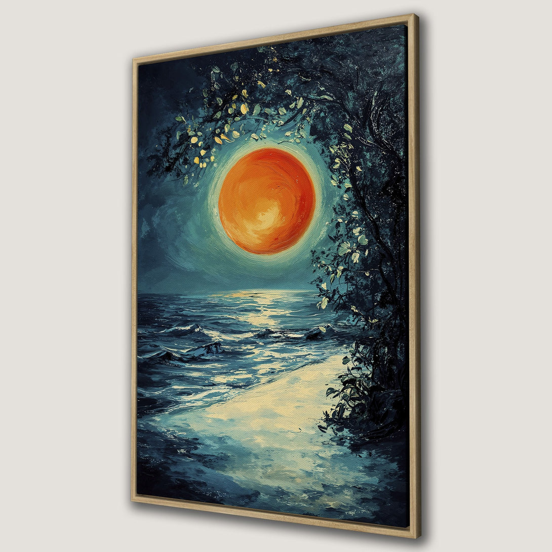 Framed Wall Art Canvas Print of a seascape with a vibrant orange sun, dark blue and teal color palette, and impressionistic style.
