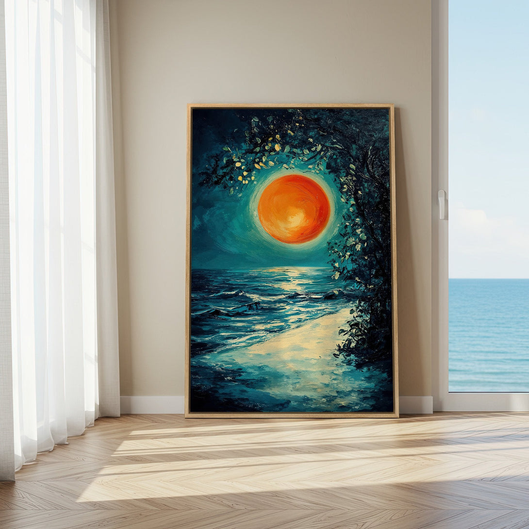 Framed Wall Art: Stunning sunset over the ocean. Impressionistic style with teal, orange, and blue hues. Perfect coastal decor for a serene living space.