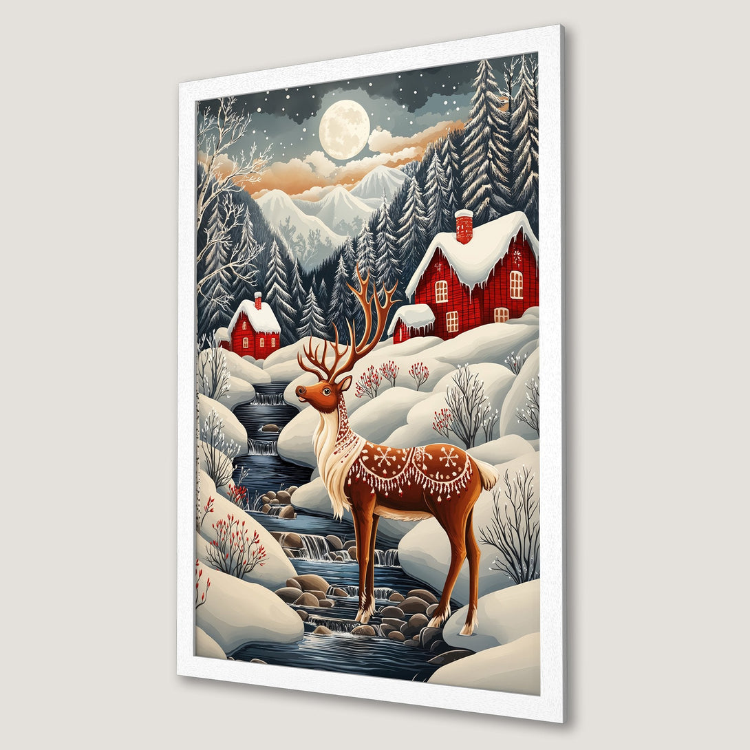 Framed Poster featuring a winter landscape with a reindeer, red houses, and a snowy forest. Warm color palette with a whimsical illustration style.