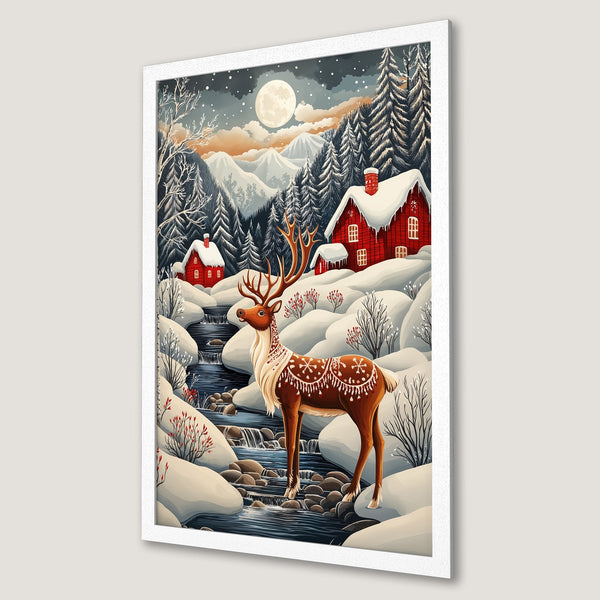 Framed Poster featuring a winter landscape with a reindeer, red houses, and a snowy forest. Warm color palette with a whimsical illustration style.