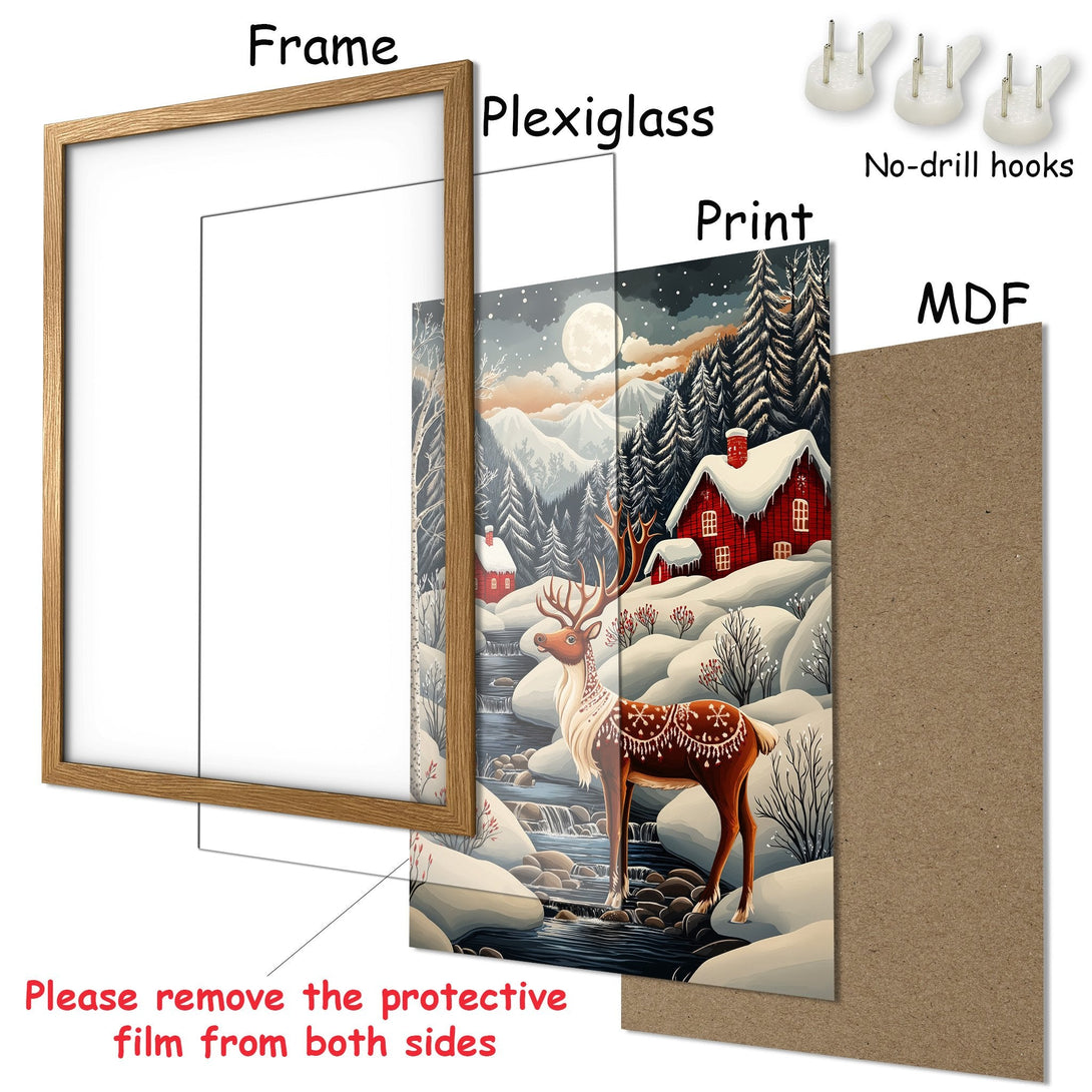 Framed Poster featuring a winter scene with a deer, red houses, and a cool color palette. Perfect wall art!