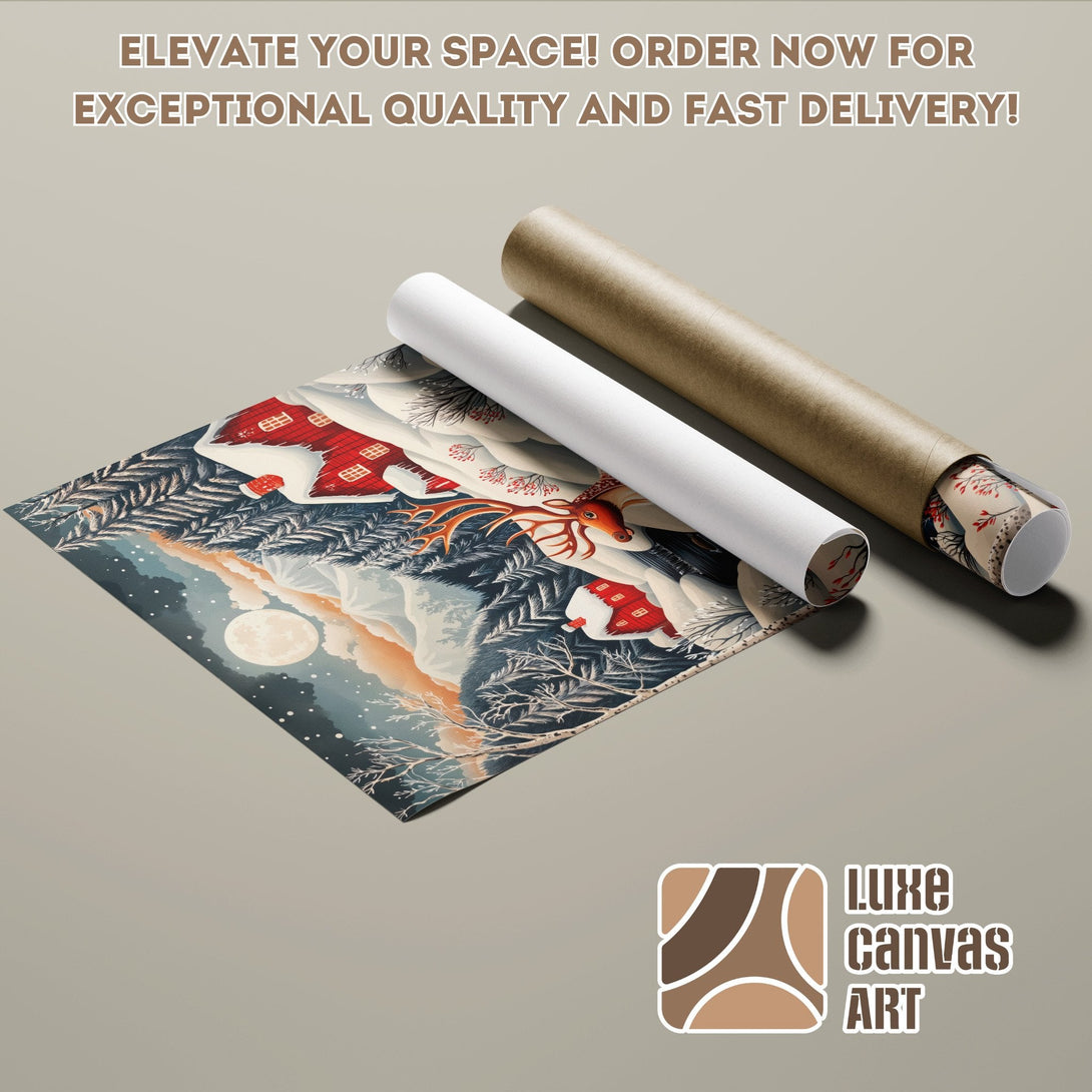 Poster Roll featuring a winter landscape art print in a blue, red, and beige palette. Elevate your space!