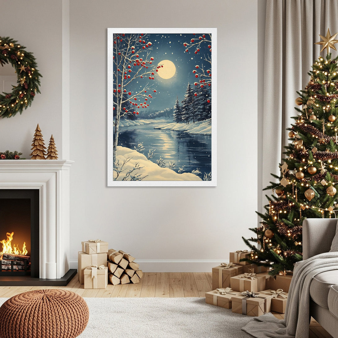 Framed Poster of a winter landscape with a full moon, in a blue and white color palette. Perfect for holiday decor!