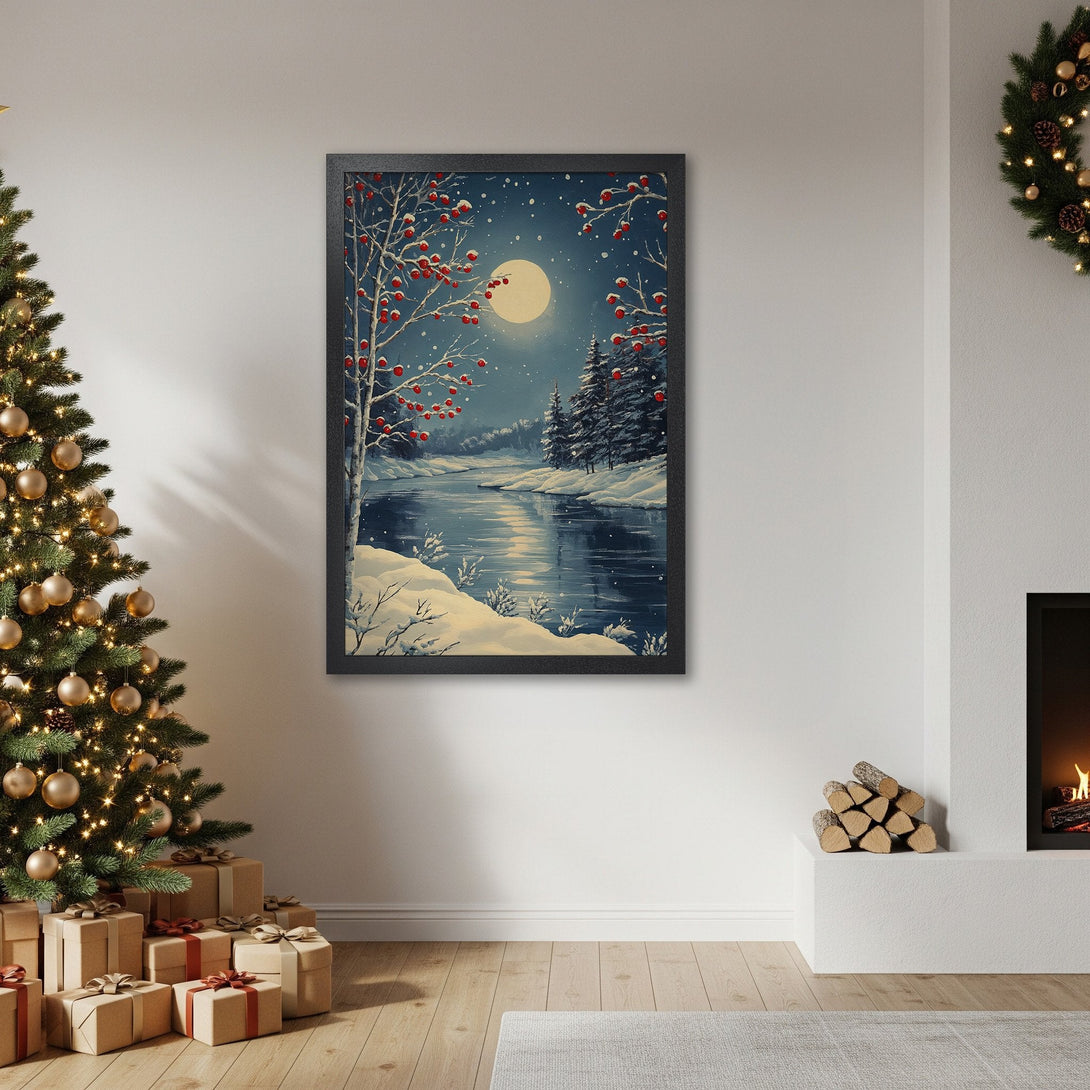 Framed Poster featuring a winter landscape with a moonlit river. Beautiful art in blue, white, and red tones, perfect for holiday decor.