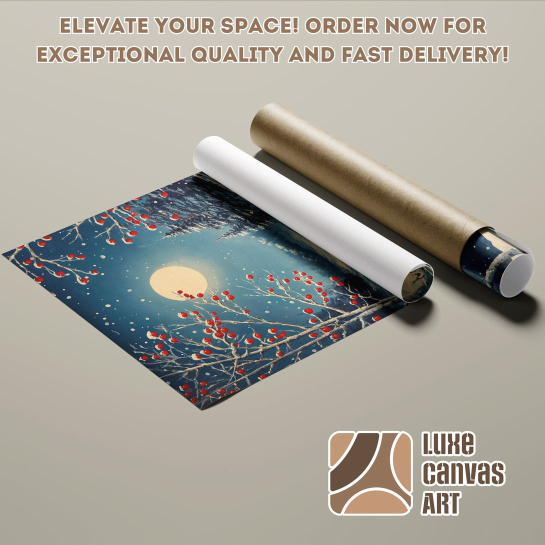 Winter scene Poster Roll, blue & red palette, perfect for home decor. Order now!