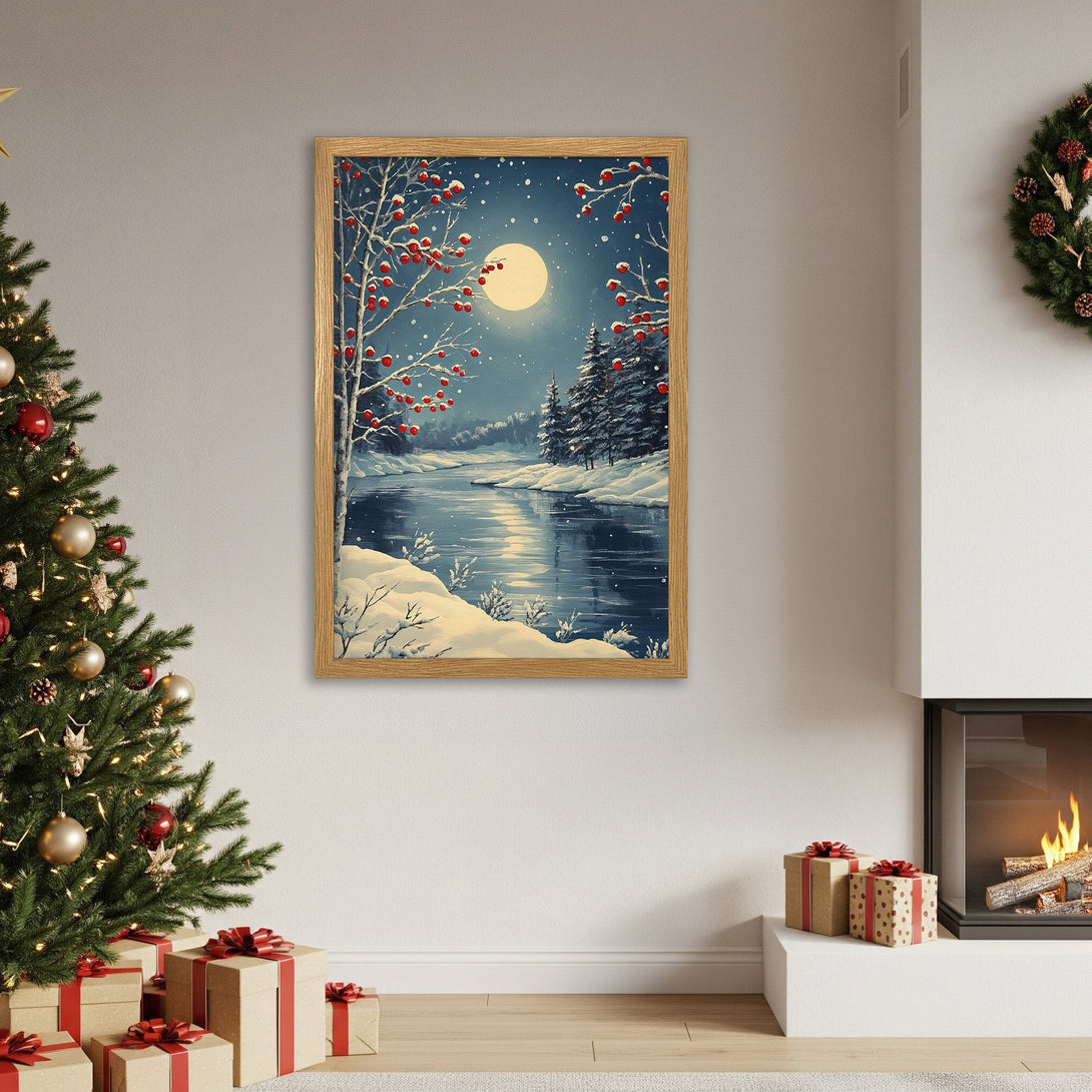 Framed Poster of winter landscape art, serene scene with blue, white, and red color palette, perfect for holiday decor.