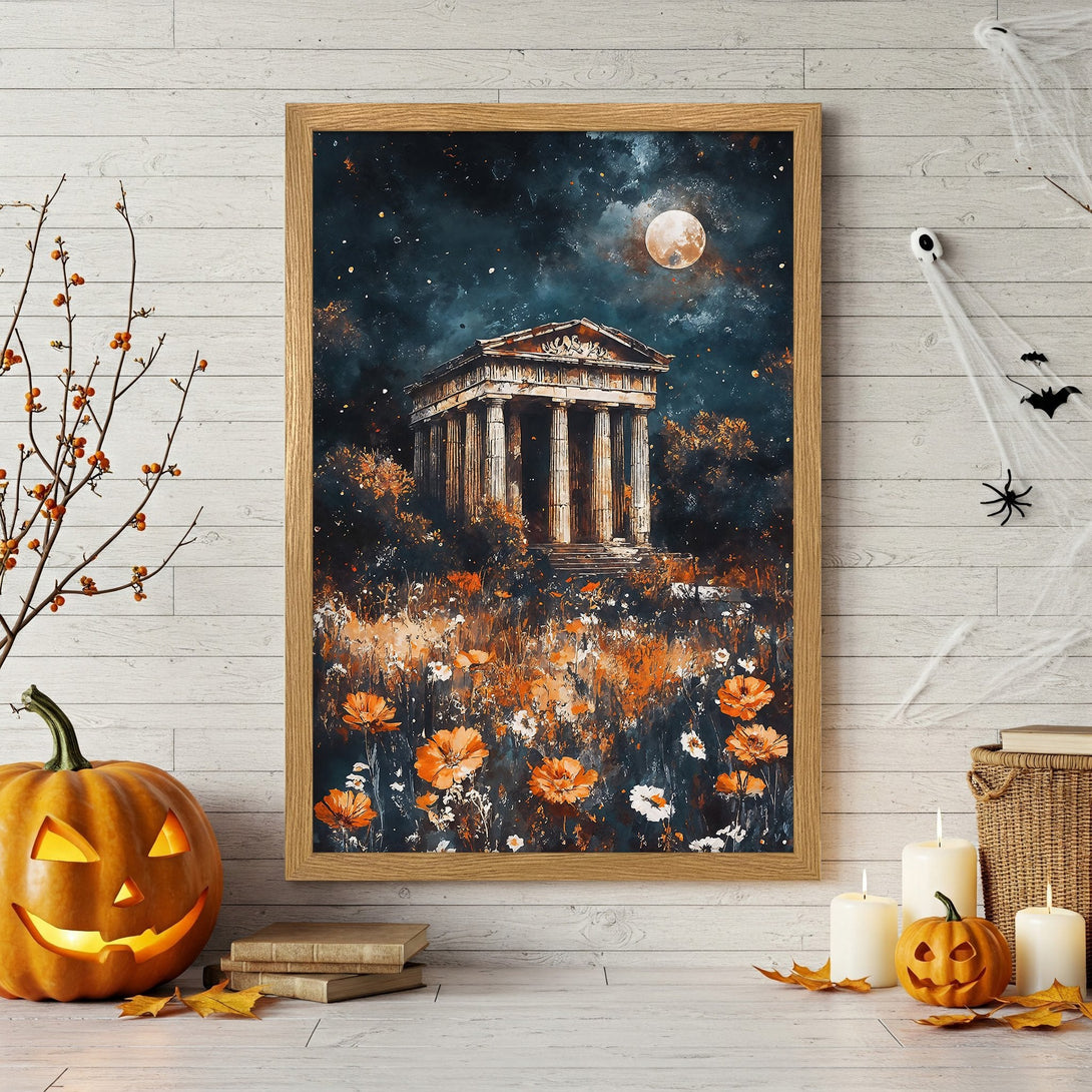 Framed Poster featuring a Greek temple under a night sky, impressionistic style, with orange and blue tones. Perfect Halloween decor.