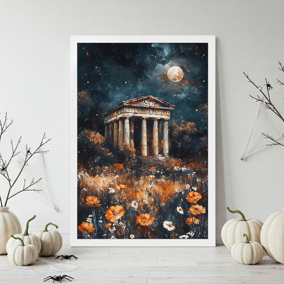 Framed Poster features an ancient temple under a night sky with orange flowers. Artistic style, dark blue and orange palette.