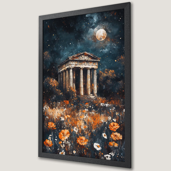 Framed Poster of ancient temple under a starry night sky, featuring orange flowers. Artistic style, dark blue and orange color palette.