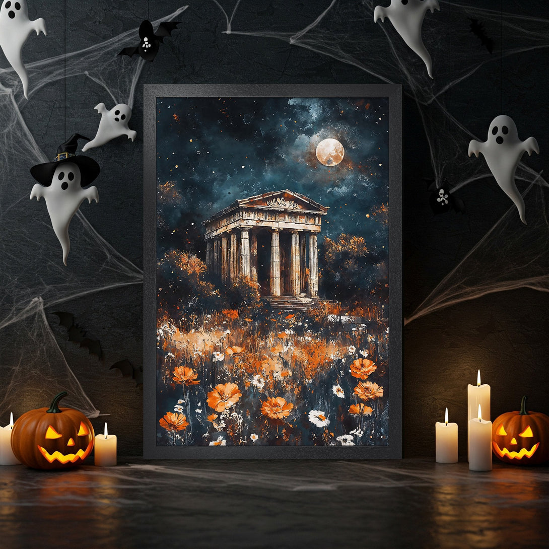 Framed Poster featuring a temple under a moonlit sky, in a painterly style with orange, blue, and white hues. Perfect Halloween decor!