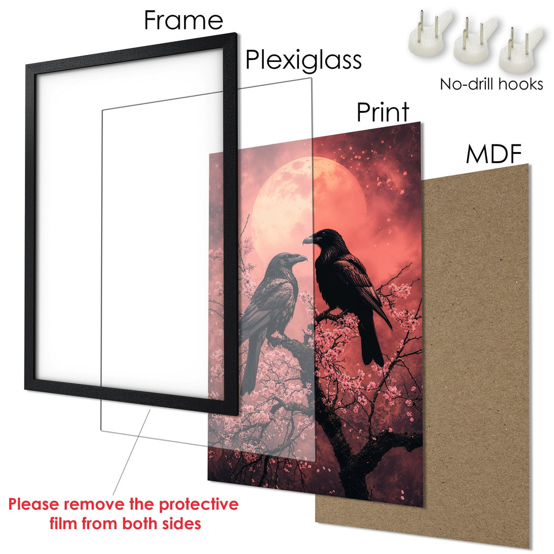 Framed Poster featuring ravens, cherry blossoms, and a full moon. Gothic style with a red and black color palette. Perfect wall art!