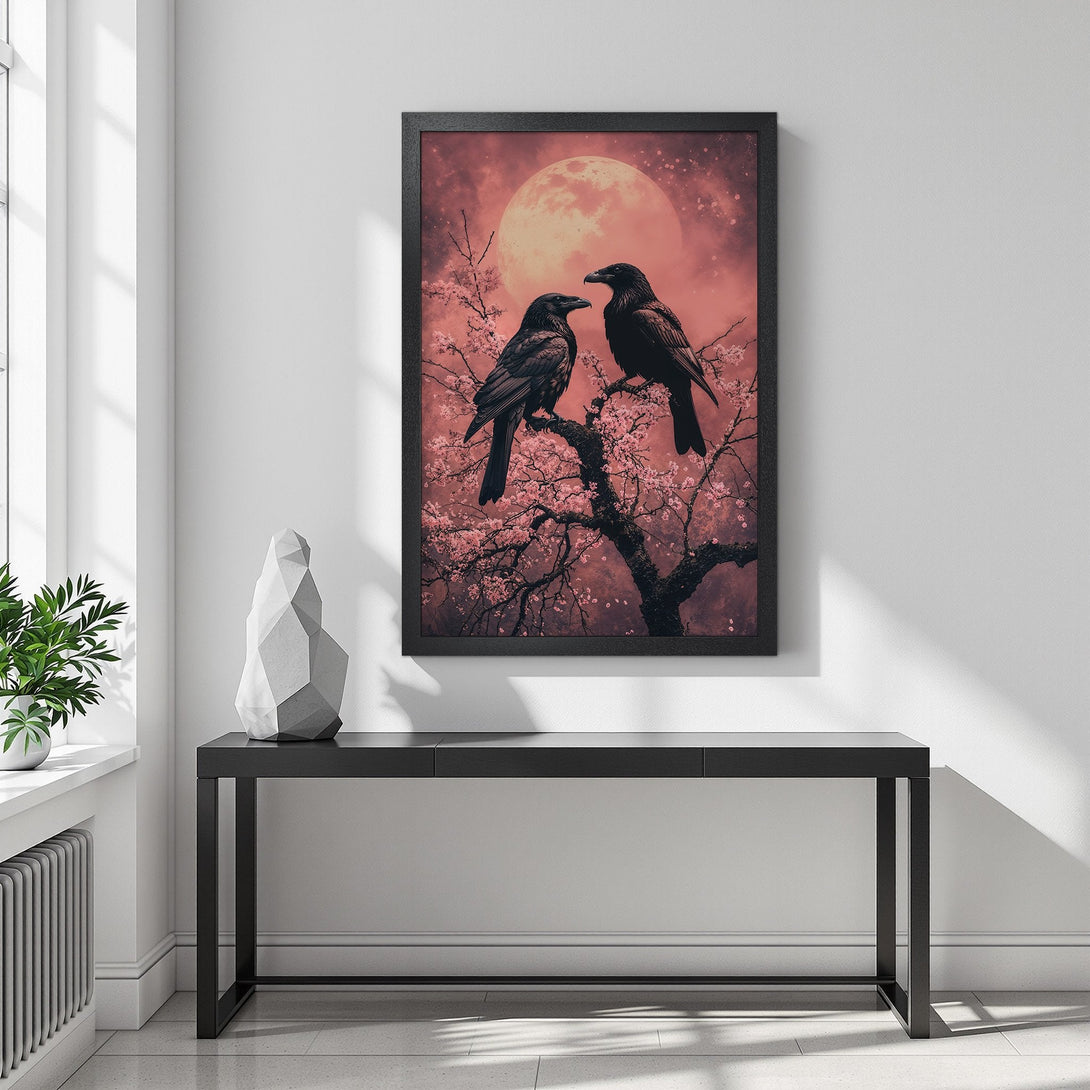 Framed Poster featuring two ravens on a blooming tree, with a red-pink moon background. Gothic style art with a romantic color palette.