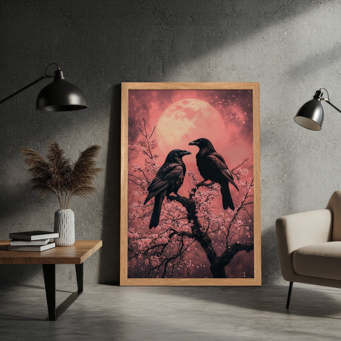 Framed Poster featuring two ravens on a tree branch with a pink moon background. Gothic style, pink and black color palette. Add a touch of mystery to your space.