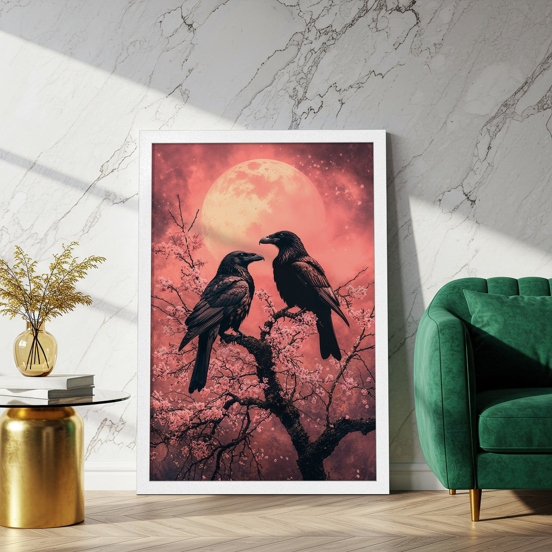 Framed Poster featuring two crows on a flowering tree against a pink sky. Artistic style, romantic color palette. Enhance your home decor.