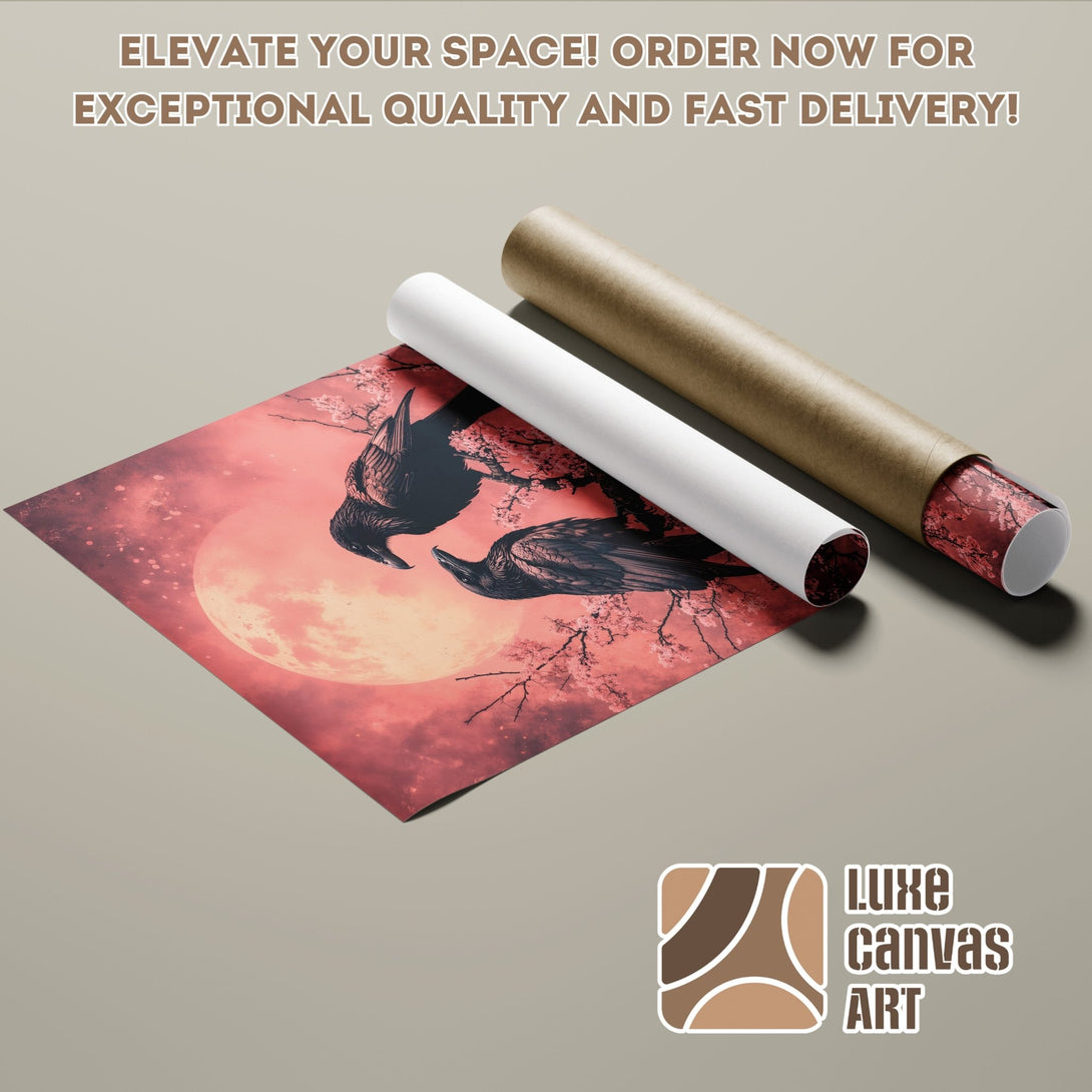 Poster Roll featuring ravens and cherry blossoms in a red and black color palette. Elevate your space with this stunning art print!